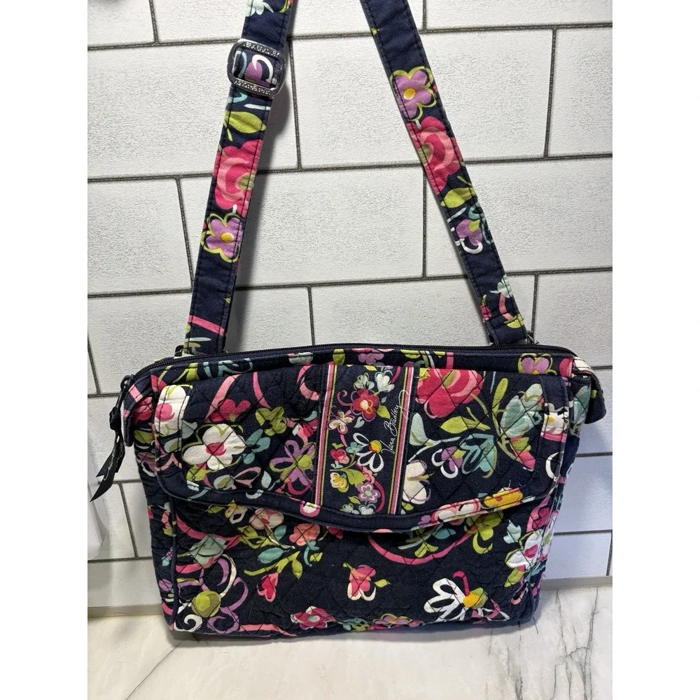 Vera Bradley Mandy Ribbons Shoulder Bag Navy Pink Floral Retired 2012